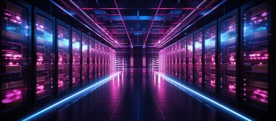 A symmetrical row of servers in a data center is illuminated by neon lights in shades of purple, violet, magenta, and electric blue, creating a visually stunning visual effect lighting