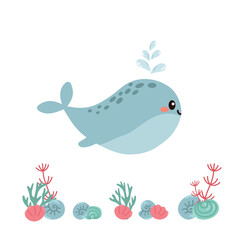 Cute whale with hand drawn sea life elements. Sea animals. Vector doodle cartoon whale of marine life objects for your design.