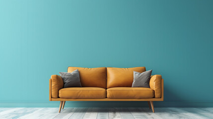 Blue wall background modern living room, yellow sofa and grey pillows against plans and lamp. Scandinavian home interior design of modern living room minimalist background and wallpaper
