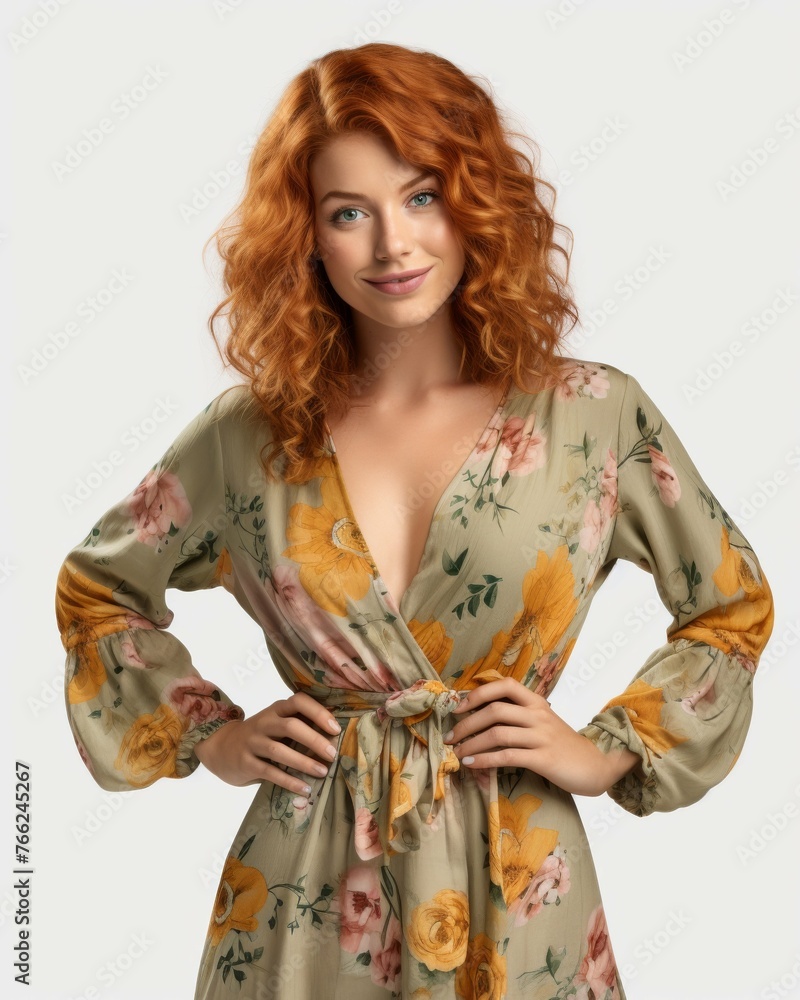 Canvas Prints Woman With Red Hair in Floral Dress