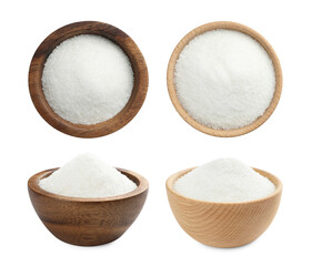 Granulated sugar in bowls isolated on white, top and side views