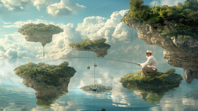 An elderly man fishing in a river that flows in the sky, reflecting on the impact of human actions on water cycles, amidst a backdrop of floating islands.