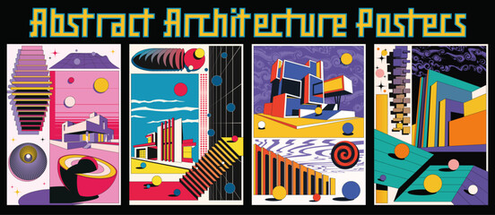 Abstract Architecture Illustration Set. Modern Buildings, Geometric Shapes, 1980s Style and Colors