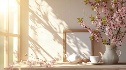 A mock-up of a blank menu or order card on a table with a tasteful tea set in a tranquil setting with soft sunlight.