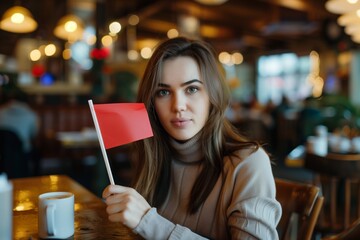 Woman holding red flag, dating concept