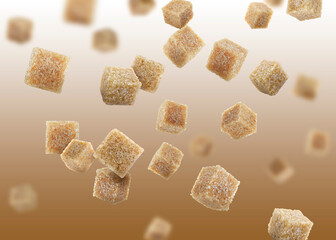 Brown cane sugar cubes falling on brown gradient background