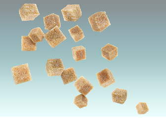 Brown cane sugar cubes falling on color gradient background