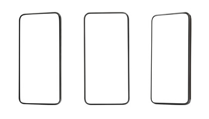 Smartphones with blank screens isolated on white, collage. Mockup for design