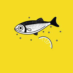  An artistic illustration of a fish with scales and fins, accompanied by a sliced lemon