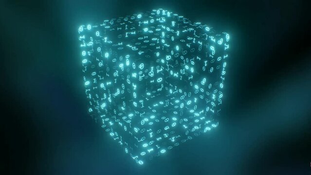 Digital data blockchain cube of flashing binary number.