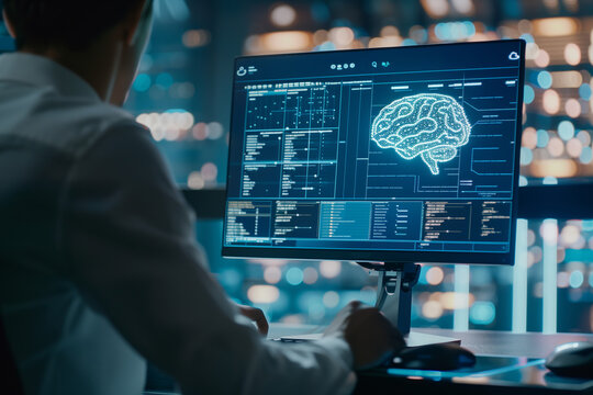 A man is sitting in front of a computer monitor with a brain image on it. Concept of technology and intelligence