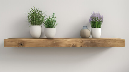 Plant in a vase, Wood floating shelf, Modern living room interior design with a wood floating shelf adorned with frames and vases, cozy living space, Elegant interior still life. Ai