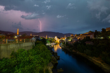 Mostar, Bosnia and Herzegovina. The Old Bridge, Stari Most, with emerald river Neretva.