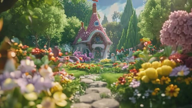 A colorful flower garden surrounds a cozy house, Generative AI