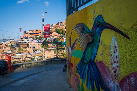 art graffiti in famous Comuna 13 district area in Medellin Colombia on 13 March 2024
