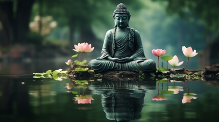 a statue of a buddha sitting in the middle of a pond surrounded by flowers