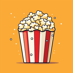 A full popcorn bucket with red and white stripes, overflowing with popcorn on an orange background.