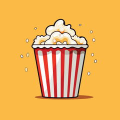 A full popcorn bucket with red and white stripes, overflowing with popcorn on an orange background.