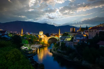 Papier Peint photo autocollant Stari Most Mostar, Bosnia and Herzegovina. The Old Bridge, Stari Most, with emerald river Neretva.