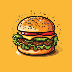 A vibrant illustration of a juicy burger with fresh veggies, cheese, and a sesame seed bun