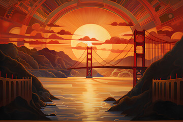 The Iconic Golden Gate: A Glorious Sunrise in Art Deco Style