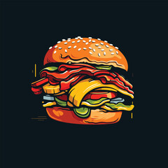 A vibrant illustration of a juicy burger with fresh veggies, cheese, and a sesame seed bun