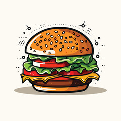 A vibrant illustration of a juicy burger with fresh veggies, cheese, and a sesame seed bun
