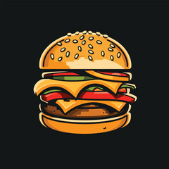 A vibrant illustration of a juicy burger with fresh veggies, cheese, and a sesame seed bun