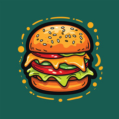 A vibrant illustration of a juicy burger with fresh veggies, cheese, and a sesame seed bun
