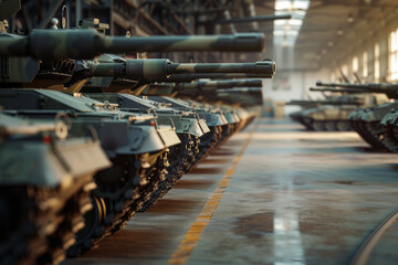 Tanks stand in a row in a large hangar waiting to be transported to war, selective focus with space for text or inscriptions. theme of war and conflict
 - obrazy, fototapety, plakaty