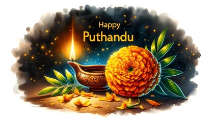 Happy puthandu card in watercolor style with diya lamp and marigold flower.