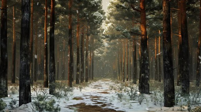 Scenic snowy pine forest landscape during winter
  Seamless looping 4k time-lapse virtual video animation background. Generated AI
