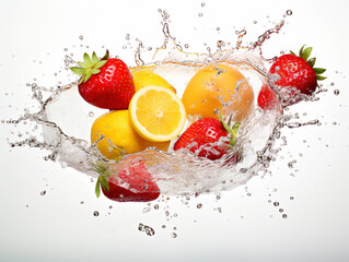 a group of fruits splashing into water