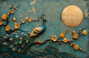 Luxury Chinoiserie painting of peacock vintage turquoise and gold background,  for home decor, wall art, digital art print, wallpaper, background