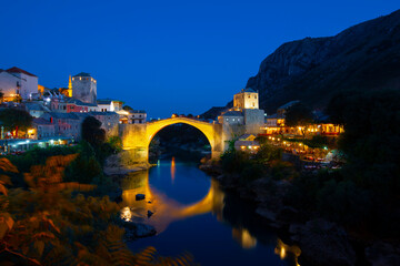 Mostar, Bosnia and Herzegovina. The Old Bridge, Stari Most, with emerald river Neretva.