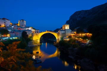 Raamstickers Stari Most Mostar, Bosnia and Herzegovina. The Old Bridge, Stari Most, with emerald river Neretva.