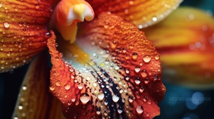 close up view of colorful orchid with water drops background
