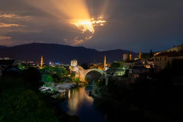 Lichtdoorlatende gordijnen Stari Most Mostar, Bosnia and Herzegovina. The Old Bridge, Stari Most, with emerald river Neretva.