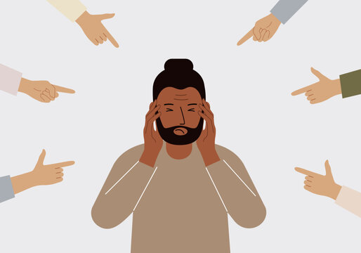 The concept of public condemnation, victim blaming and bullying. Crying depressed man. The fingers point at the character and hate him. Internet cyberbullying. Vector flat illustration