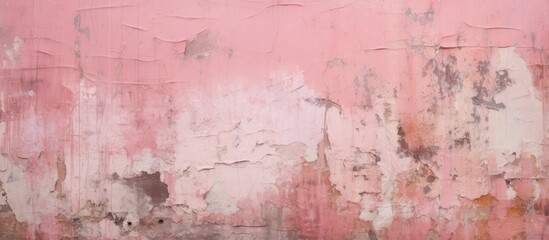 Obraz premium A detailed shot of a weathered pink wall showcasing peeling paint, resembling a piece of art in a natural landscape with wood flooring