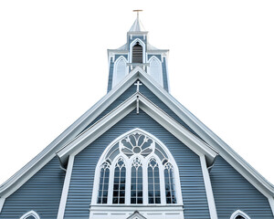 beautiful grey and white church building through a blue sky on white transparent background