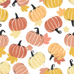 Vector Hand drawn pumpkin Seamless Pattern on white background Colorful Hand Drawn Pumpkins Texture Flat  style vegetables pattern wallpaper illustration Farm gardening cooking and halloween concept