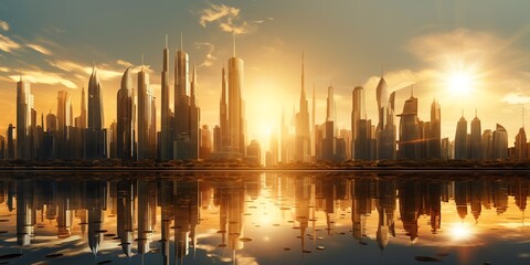 a city skyline with a body of water - Powered by Adobe