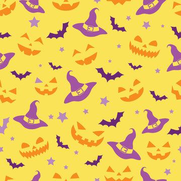 Vector seamless pattern of emotions of pumpkins, witch hats, bats and stars silhouette texture on a yellow background, repeatable wallpaper on orange background Scary repeatable halloween texture