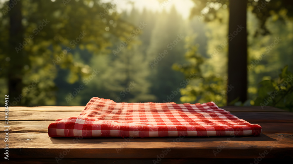 Aufkleber a red checkered tea towel on the edge of a table with background of trees