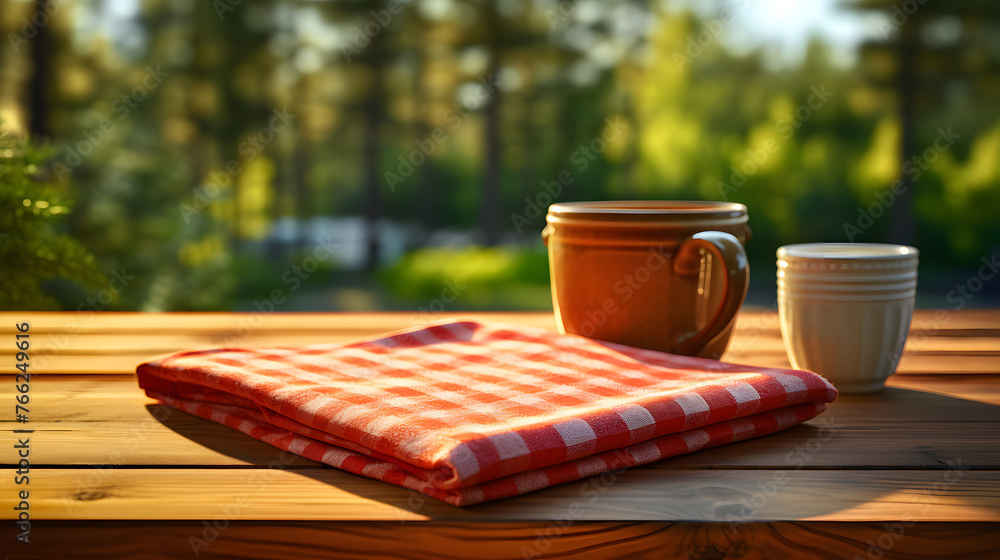 Aufkleber a red checkered tea towel on the edge of a table with background of trees