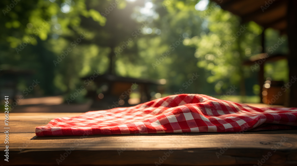 Aufkleber a red checkered tea towel on the edge of a table with background of trees