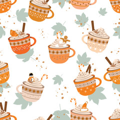 Autumn Christmas cute mugs seamless pattern with hot cocoa or coffee sweet cream, gingerbread cookies candy canes, cinnamon sticks and vanilla flowers Decorative ornamental holiday coffee cups texture