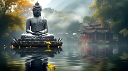 a statue of a buddha sitting on a lotus flower in a body of water
