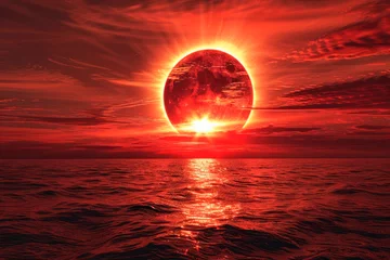 Foto auf Glas Fantasy red Solar Eclipse over the sea © chandlervid85